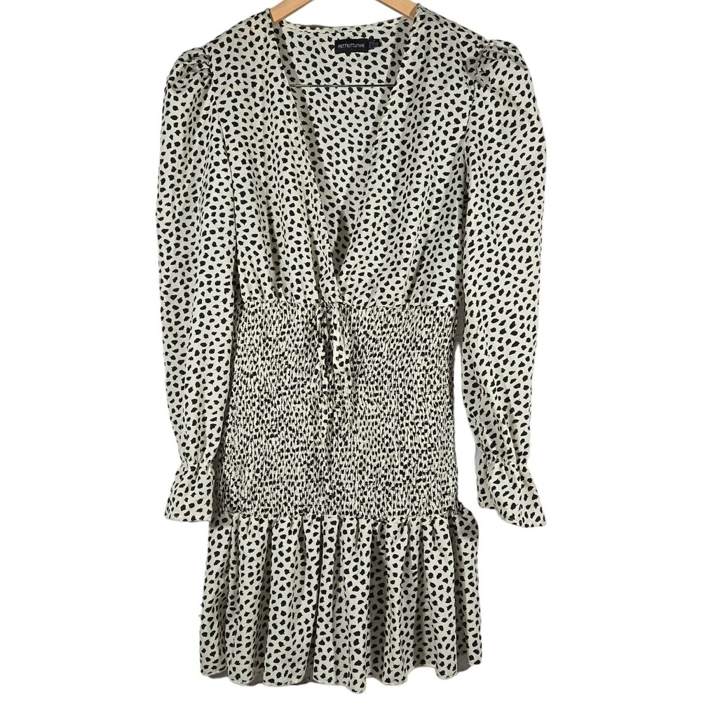 PrettyLittleThing Black Dalmatian Print Smocked Waist Tie Front Mini‎ Dress 6